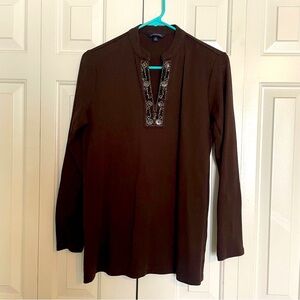 Lands' End Brown Long Sleeve Mandarin Collar Tunic with Beadwork